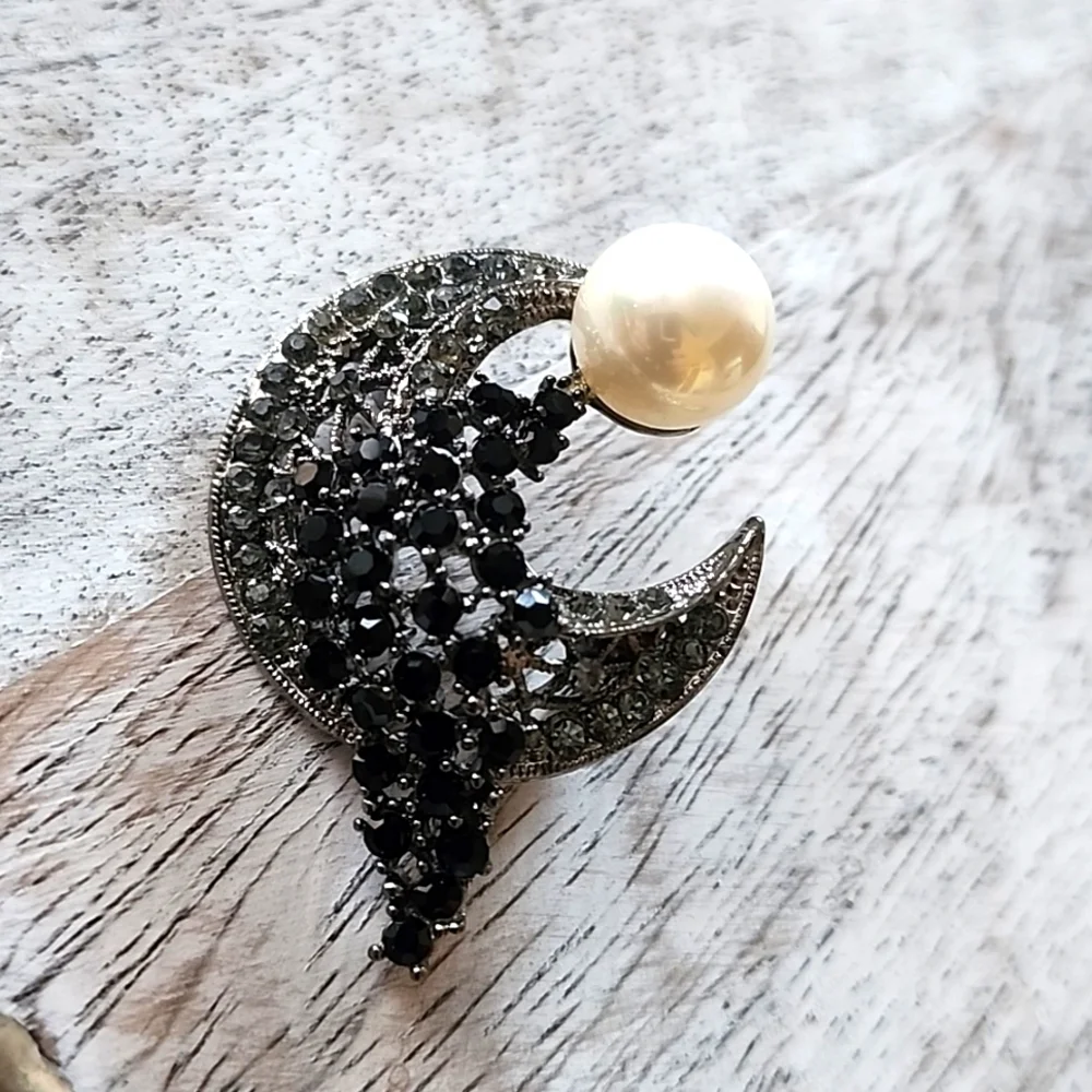 Gunmetal Crescent Moon Pin Brooch with Faux Pearl New